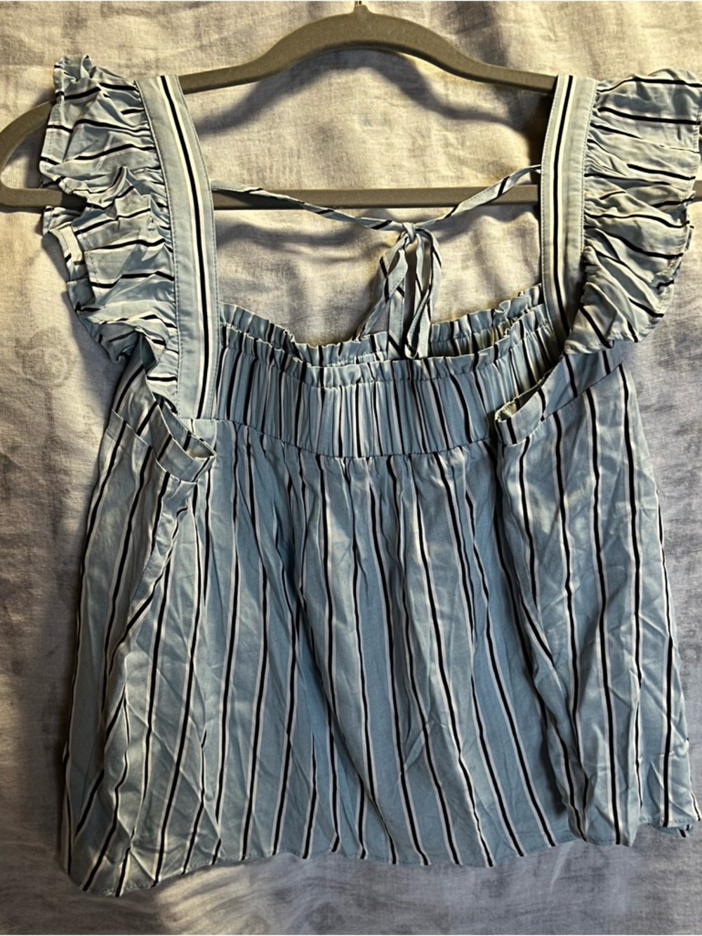 Women’s Light Blue Striped Ruffle-Shoulder Blouse
